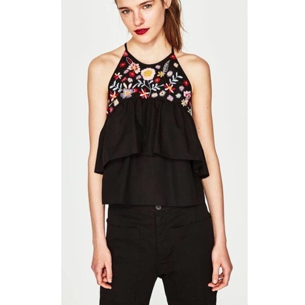 Zara Floral Embroidered Halter Tank Top
